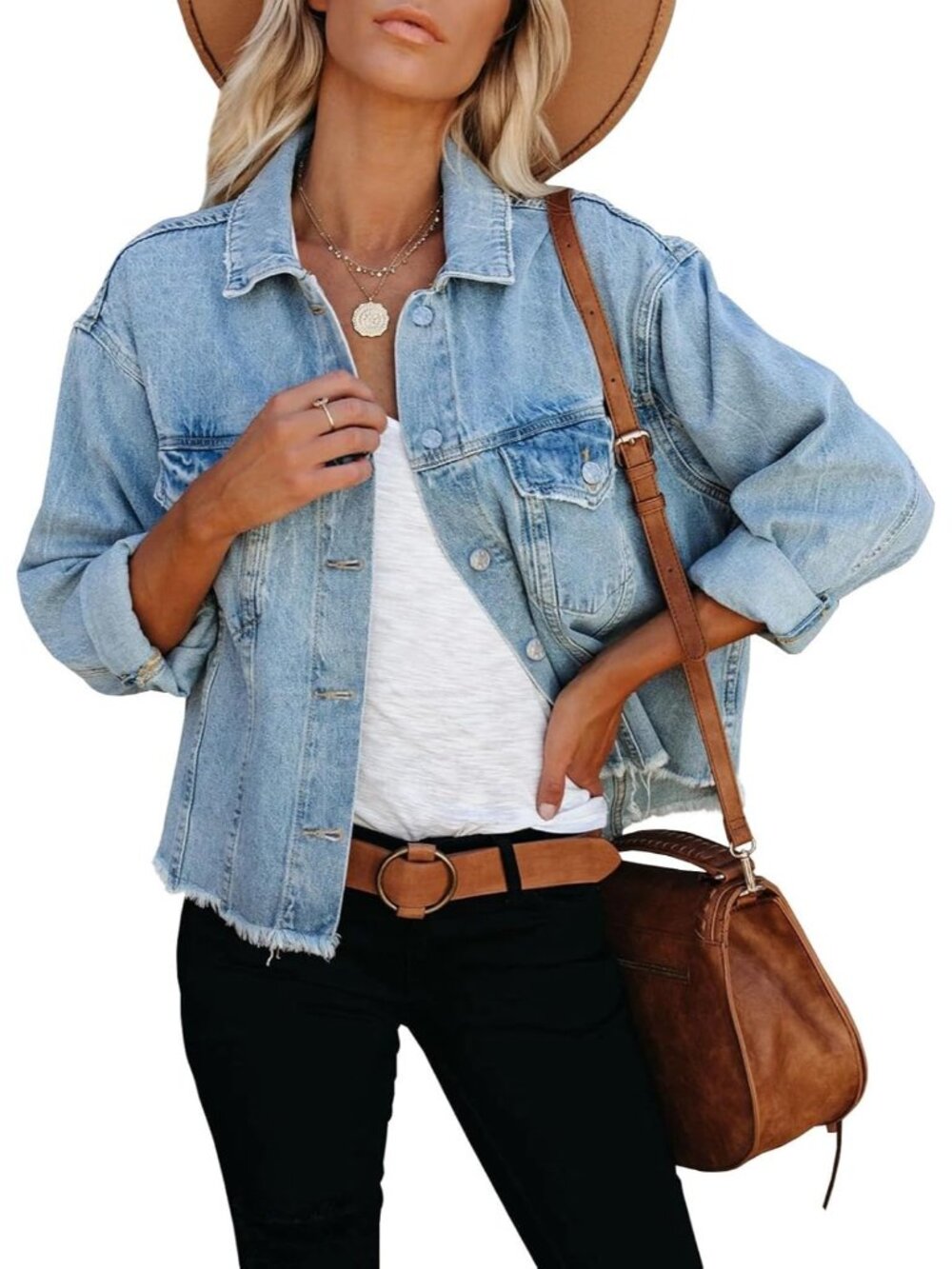 Women's Light Blue Jean Jacket Frayed Washed Button Up Cropped Denim Jacket